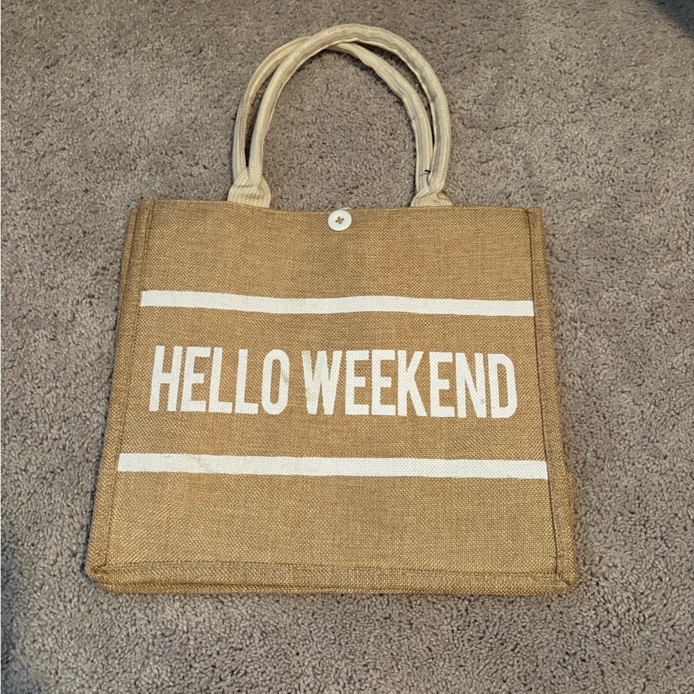 Tan 'Hello Weekend' Tote Bag